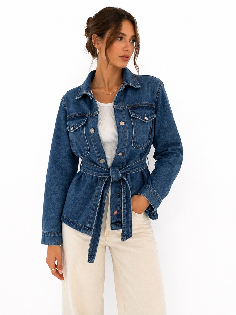 Industry Denim Utility Jacket Belted Blue Wash Lightweight Size M
